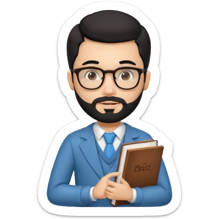 a pretty bratz teacher male with black hair, spectacles on, holding a book in hand and a chocolate in the other. bearded sticker