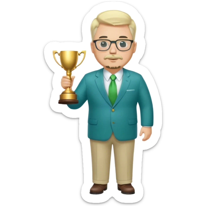 Full Body white fat male  wearing glasses with a goatee with light blonde gray very short hair basketball head Coach in blue and green suit holding trophy sticker