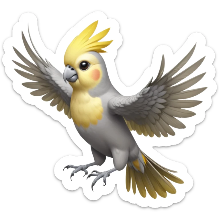 cinematic-[cockatiel]-realistic-full-body-perched-emoji,-wings-out-flying,-head-tilted-dramatically,-sleek-[yellow and grey]-feathers,-simplified-yet-realistic-focused-features,-highly-detailed,-glowing-with-an-almost-sarcastic-glow sticker