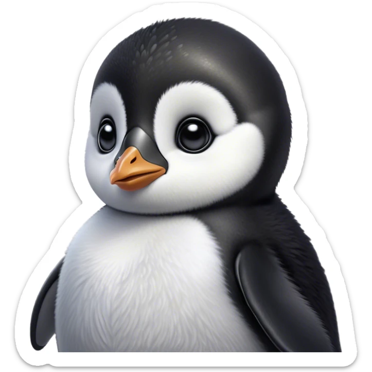 Cinematic Noble Baby Penguin Portrait Emoji, Poised with an air of innocent regality, featuring soft, downy feathers in crisp black and white and wide, soulful eyes, Simplified yet sharp and sophisticated features, highly detailed, glowing with a gentle, dignified polar glow, high shine, intelligent and charming, stylized with an air of cherubic majesty, focused and attentive, soft glowing outline, capturing the essence of a tiny arctic noble that feels as though it could waddle out of the screen with effortless authority! sticker