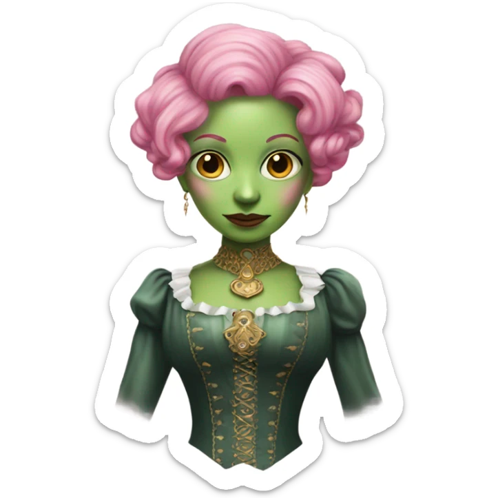a green amazon alien woman in Victorian white gold full body pink hair sticker