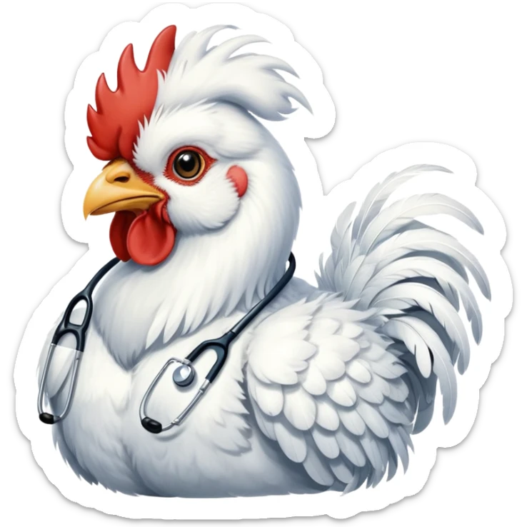 A White Silkie Bantam rooster wearing a doctor's stethoscope. The head feathers look like a large, fluffy wig. sticker