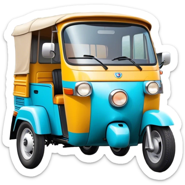 Cinematic Realistic Tuk Tuk Emoji, depicted as a vibrant iconic three-wheeled vehicle with bold colors and a compact design, rendered with crisp textures and dynamic urban lighting that captures its quintessential Thai charm. sticker