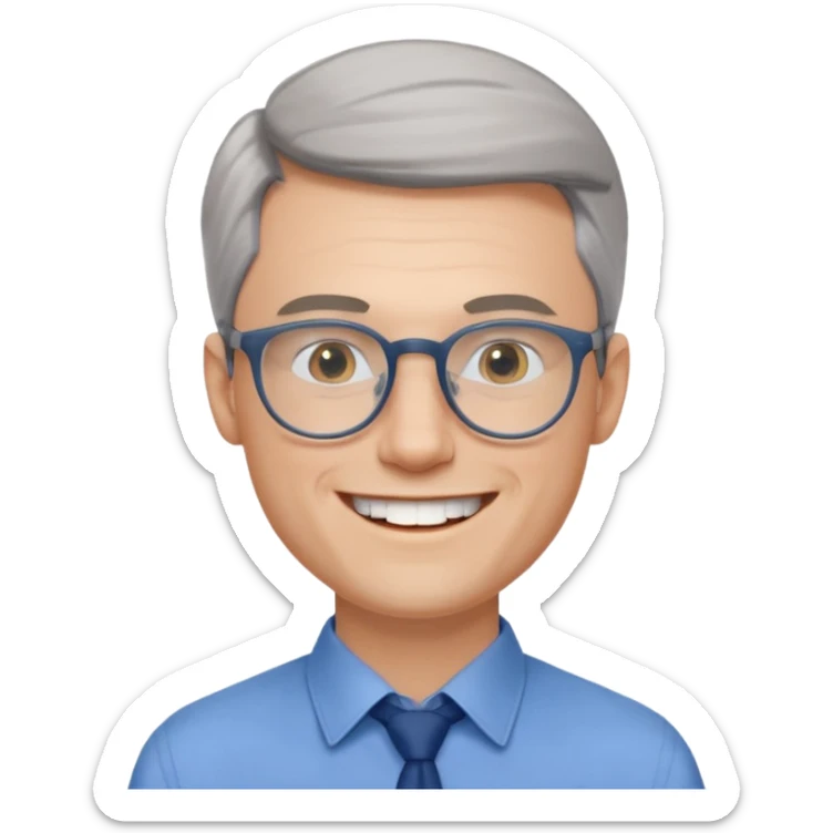 30 yr old pale white man, grey side swept hair, round glasses, big smile, white teeth, handsome, longer hair, thin glasses, blue dress shirt, no tie sticker
