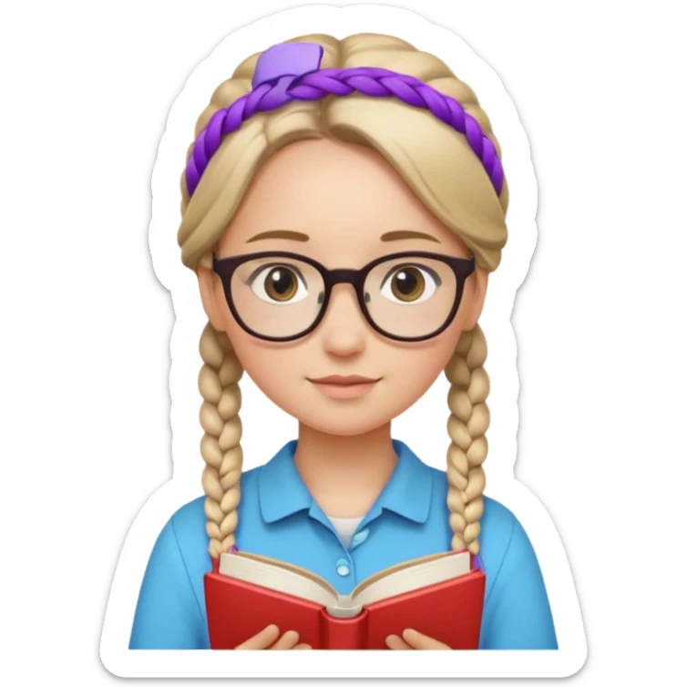 A student, girl, braid hair, wearing glasses, hold book in front of their chest sticker