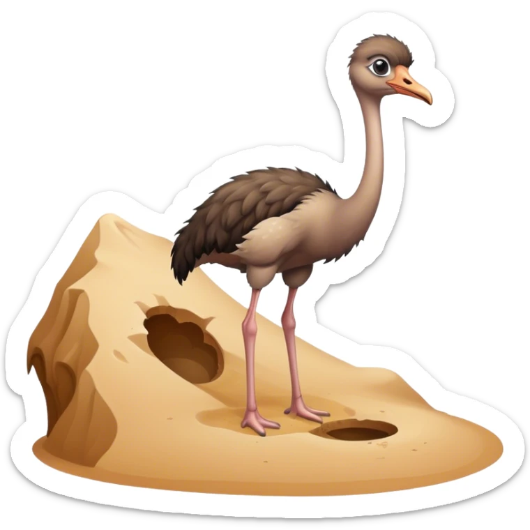 A cute cartoon male ostrich standing next to a hole in the sand. sticker