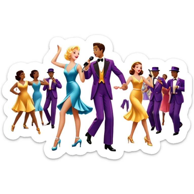 Vintage movie poster-style icon for a musical film. A vibrant street scene with bright lights, dancers mid-step, a singer with a microphone, and a jazz band playing. The cityscape glows in the background, evoking the golden era of musicals. Transparent background. sticker