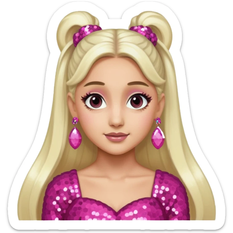 Ariana Grande with long white blonde ponytail hair, dark pink sequin dress, pink earrings sticker
