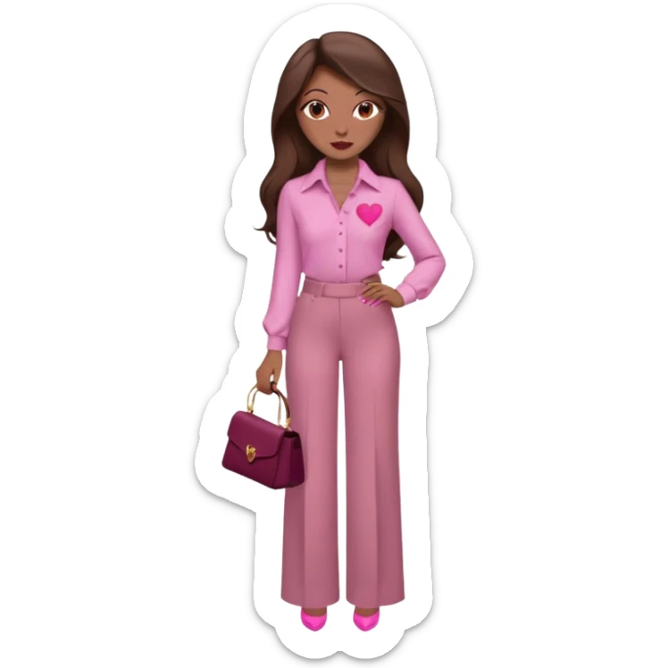  emoji, inspired with brunette hair, brown eyes, long hair, heart shape lips and pink make up  and pink nails, mauve pink blush and brown wide leg pants, burgundy shoulder drop shirt, brown heels , princess hair, brown heels, no floating hearts  sticker