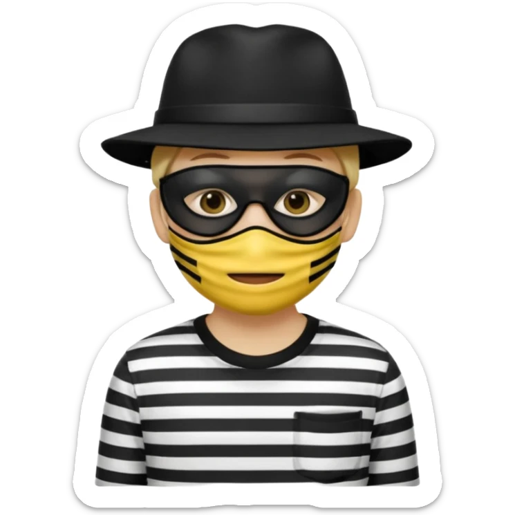 Shrugging shoulders emoji but wearing cliche robber outfit not holding any money, emoji yellow skin tone sticker