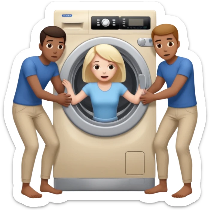 Eine Frau mit dem Kopf  in der Waschmaschine feststeckt und zwei Männer ziehen an ihren Beinen um ihr zu helfen  sticker