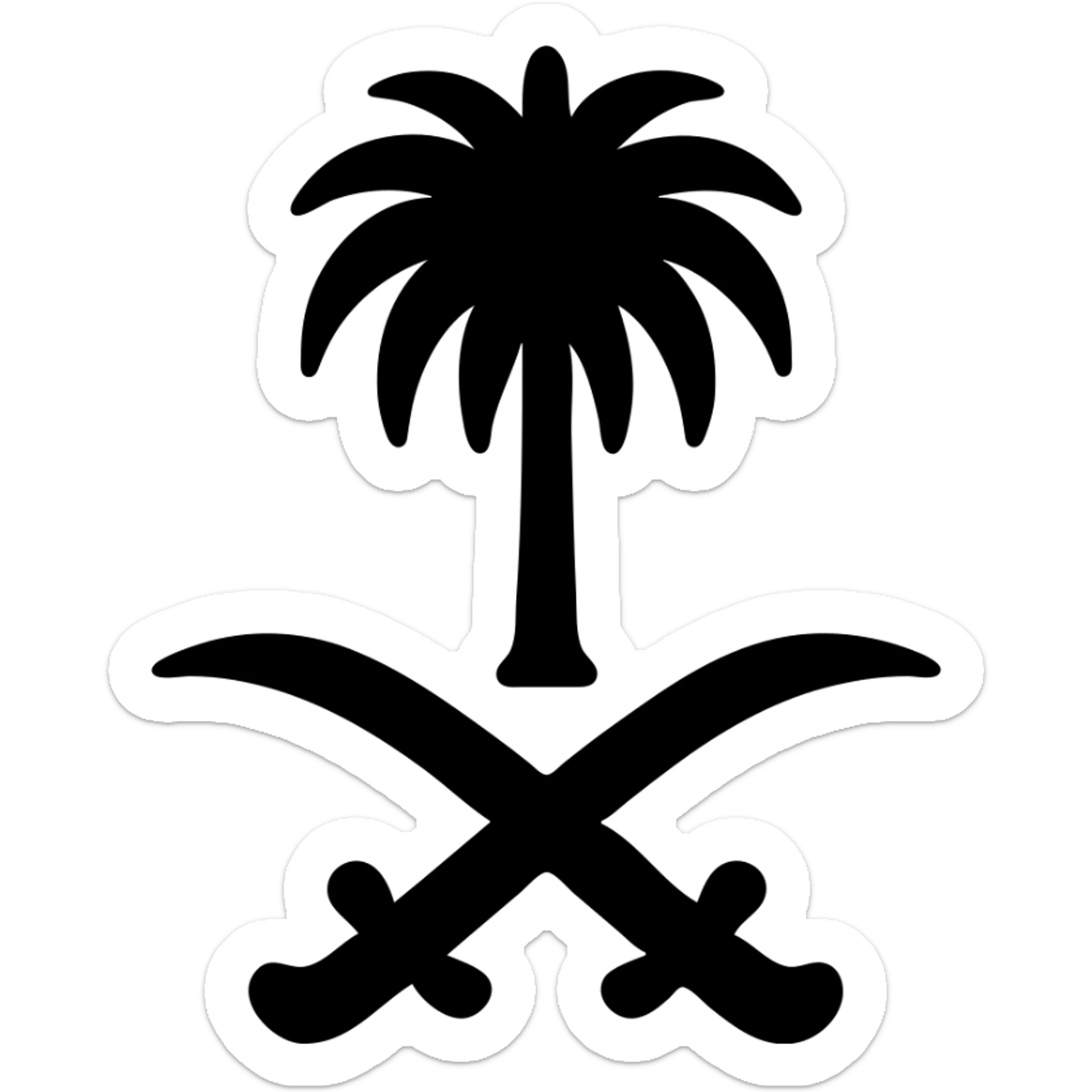 icon of Saudi culture featuring a palm tree and crossed swords inspired by the Saudi national emblem, simple bold style sticker
