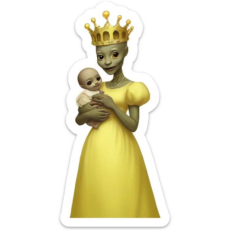  Reptilian alien woman, full body, in victorian jellow elegant dress, have a crown,holds a newborn humman baby sticker