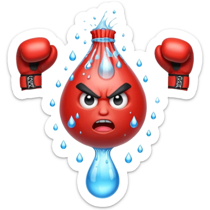 Gota de agua con cara de enfado y unos guantes de boxeo, que tenga brazos y piernas musculados sticker