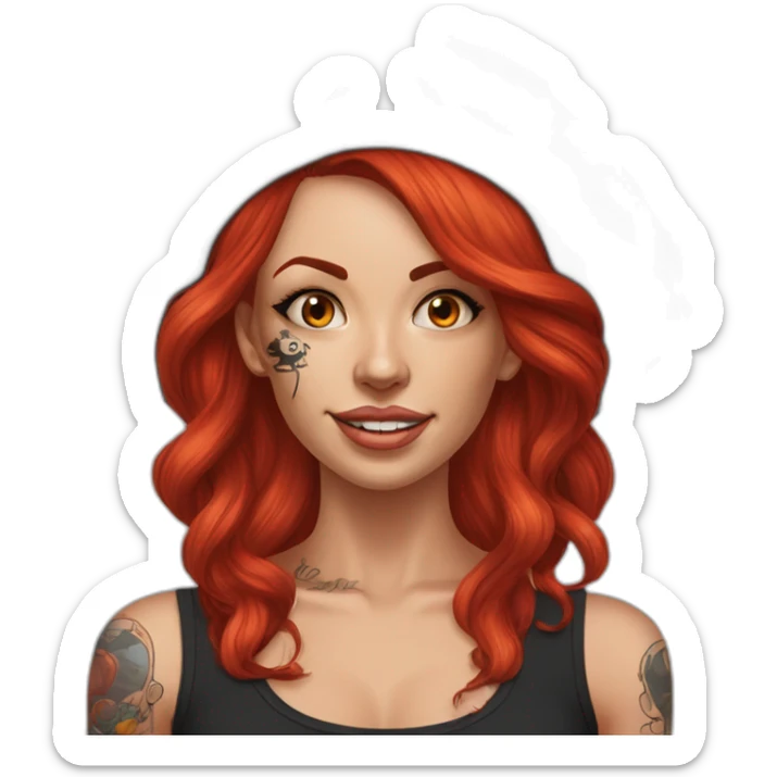 Woman long red hair on one side, tattoo on side of head. other side of head is shaved. Tattoo under shaved hair. pirate hat, skull and crossbones t shirt sticker