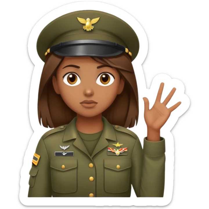 brown-skinned girl in army attire with brown hair, shrugging sticker