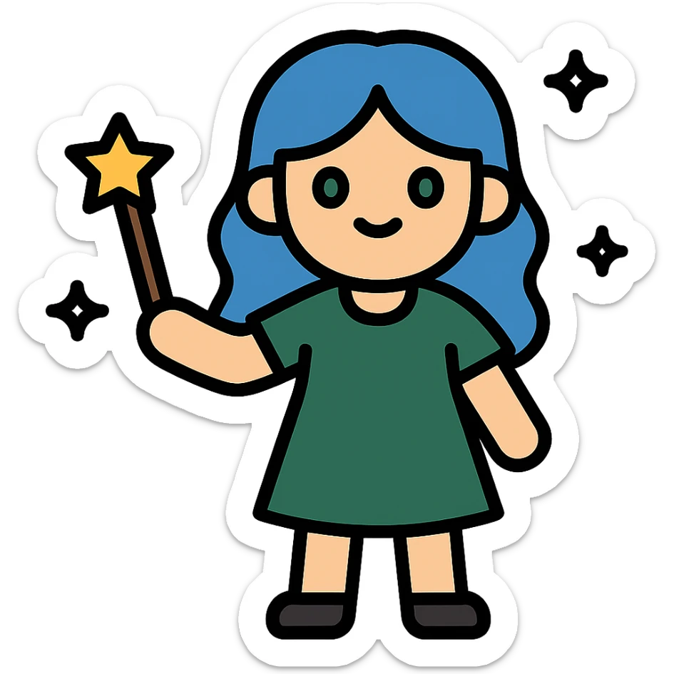 full body of beautiful girl with blue hair and green eyes, holding a magic wand, wearing dark green dress, icon style sticker