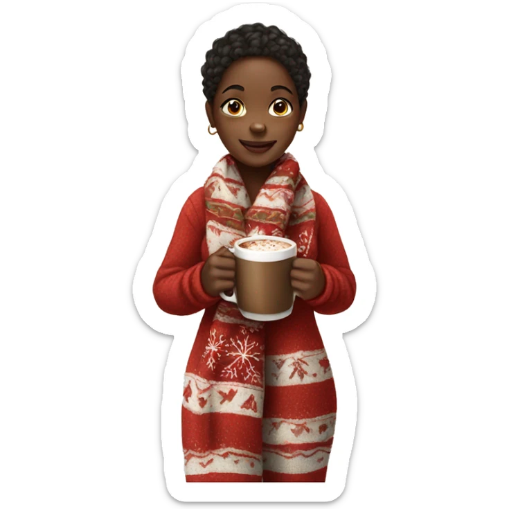 Black girl with Christmas scarf and pajamas holding hot chocolate  sticker