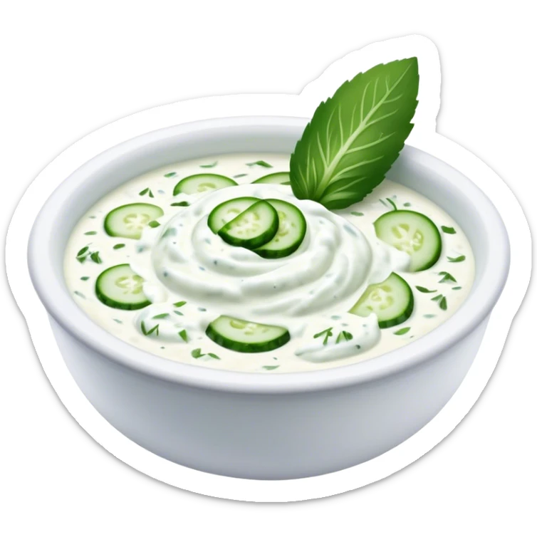 Cinematic Realistic Tzatziki Dish Emoji, featuring a creamy, tangy yogurt sauce with cucumber and herbs rendered with soft textures and cool, refreshing lighting. sticker