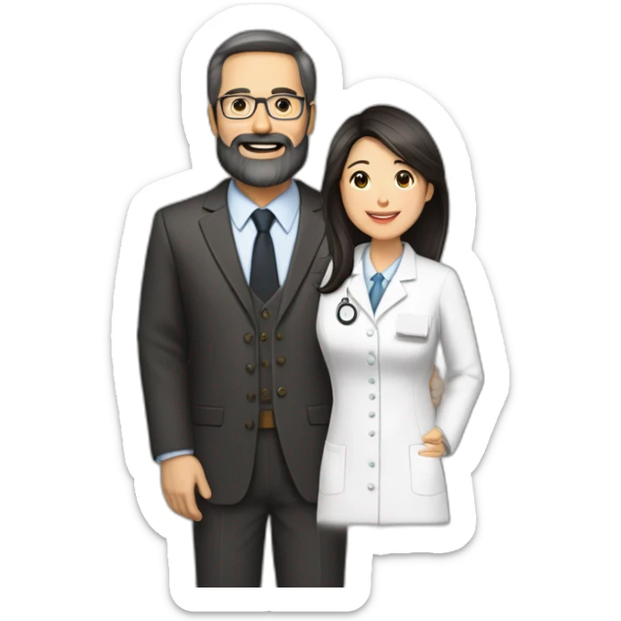 husband american age 64 dark brown hair trimmed beard wearing business suit holding bible together, wife asian age 64 black shoulder length hair wearing nurse uniform, no children sticker