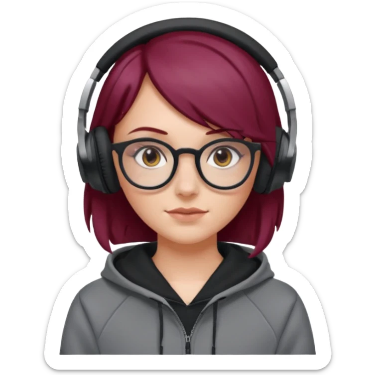 white girl with burgundy hair, gray glasses, black deportive hoodie and black headphones sticker