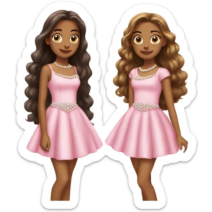 two teenage Latina twins. pink. Long hair. Pink bows. Pearls. Light pink. Diamonds dress. sticker