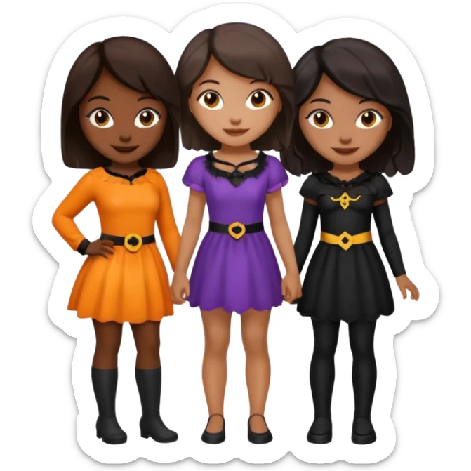 Three best girlfriends cute Halloween outfits with dark brown hair. One African-American, one Asian, one light skinned Caucasian. sticker
