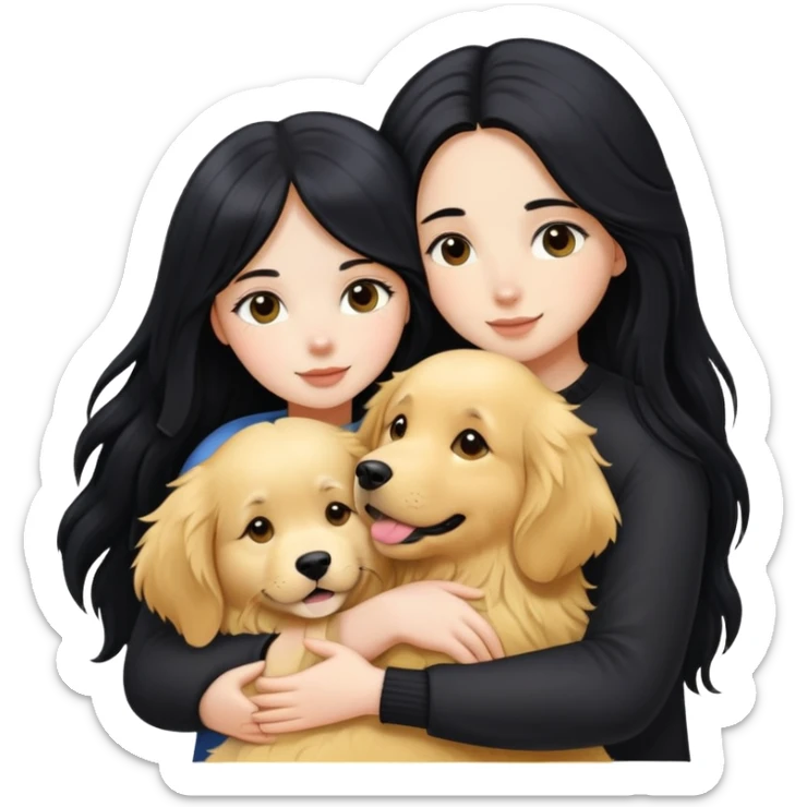A white girl with long black  hair tightly hugged a Golden Retriever sticker