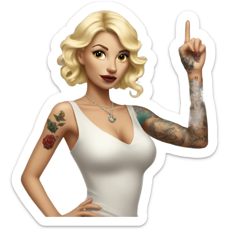 Blonde elegant women, her Body Covered with Tattoos, POINTING YOU with her ONE HAND , Hyper realistic sticker