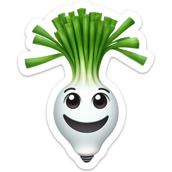 Smiling green onion with a bundle of long, thin green stalks as hair, big expressive eyes, and a cheerful cartoonish face on the white bulb section. Vibrant and playful design. sticker