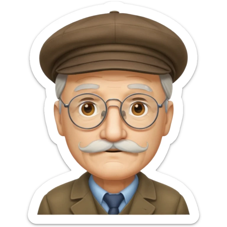 emoji of a great-grandfather, very old man, wearing a flat cap, mustache, glasses sticker