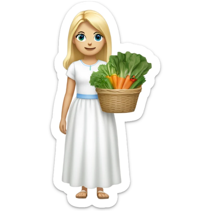Girl with blonde hair and blue eyes wearing a white dress carrying baskets of vegetables and greens sticker
