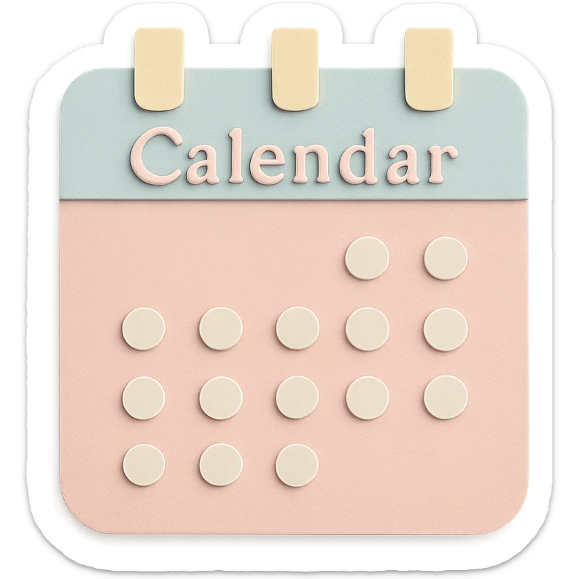 Add the word 'Calendar' in a soft pastel, gentle font at the top of the calendar box, keeping the paper craft style and cozy look. sticker