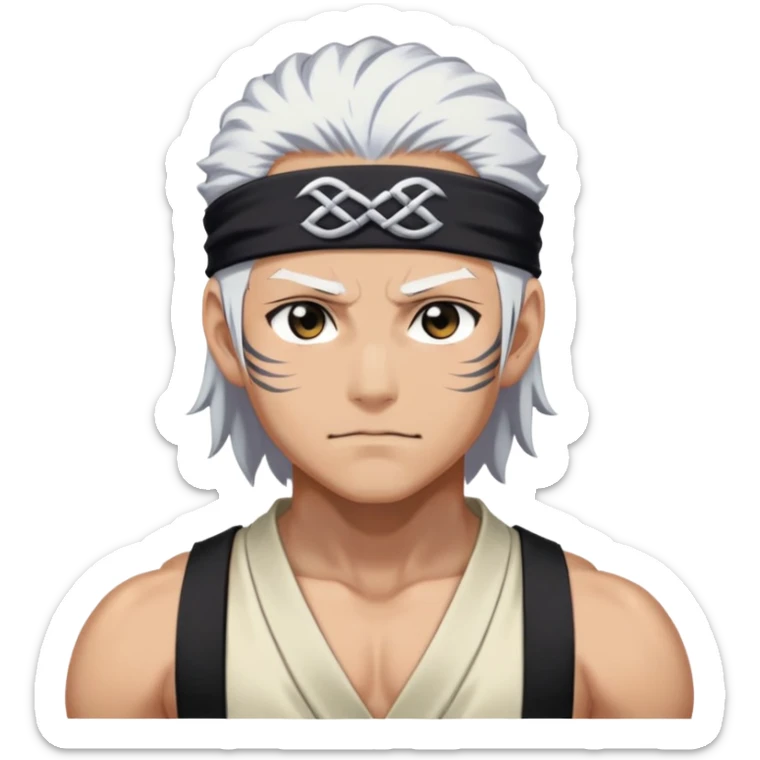 Tengen Uzui with a smirk, Sound Hashira from Demon Slayer, white hair, headband, muscular sticker