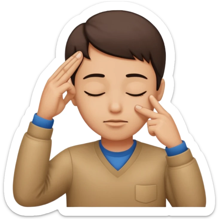 Una persona tocándose la cabeza por la 100 con un dedo índice y los ojos serrados  sticker