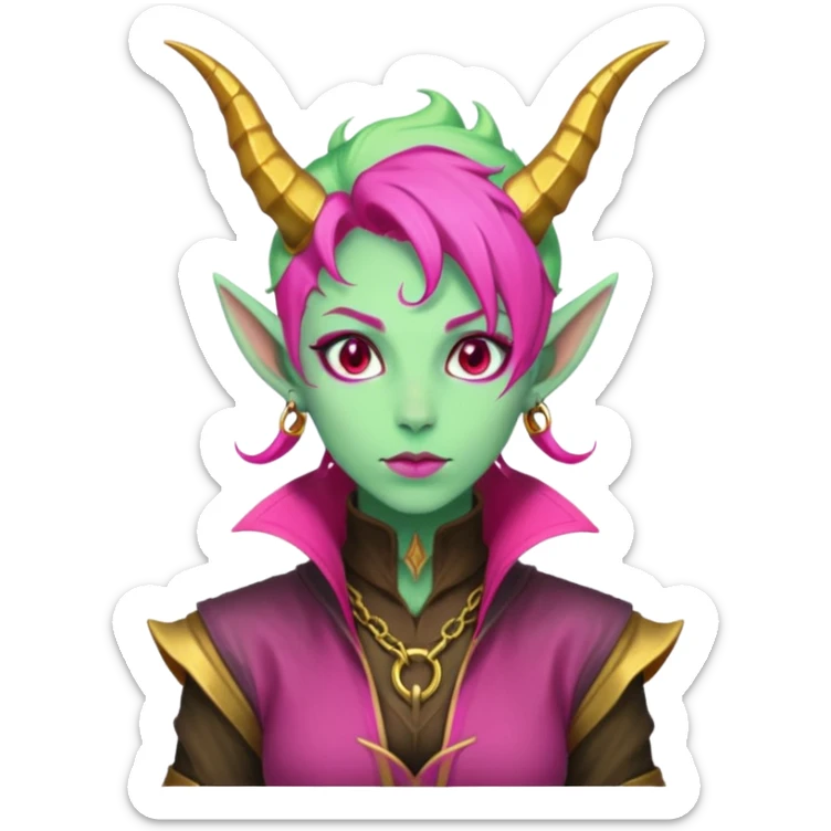 A D&D tiefling with pale green skin and hot pink hair. She is a rouge and is obsessed with gold sticker