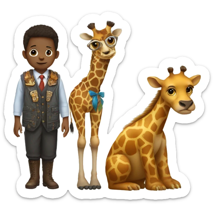 a child dressed up with the feet of a giraffe, the arms of an eagle and the head of a beaver. sticker