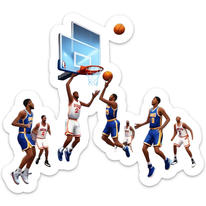 An icon featuring a basketball court with players in action, inspired by NBA 2K25. A player jumps for a dunk, with the ball mid-air. Bright lights illuminate the court, symbolizing the excitement of sports simulation games. Transparent background emphasizes the energy. sticker