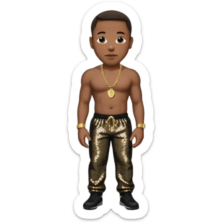 Dr Dre with dark brown hair, black sequin baggy pants, shirtless with necklace sticker