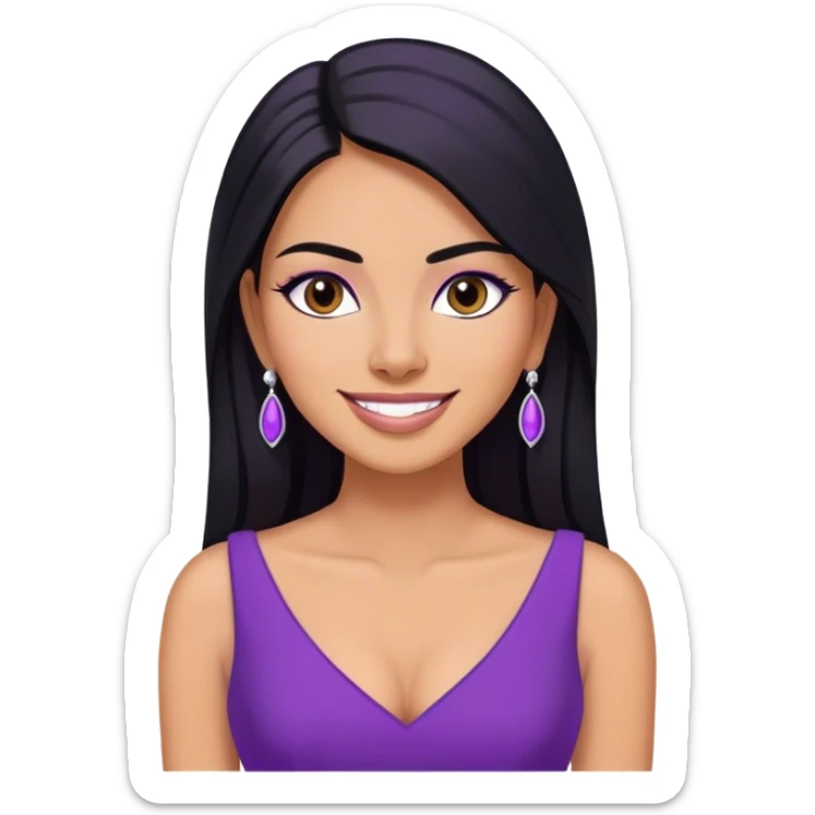 beautiful woman boss, with long straight black hair, with make up, black eye liner, smile, mexican, brown skin, wearing purple dress white earings, she stand up,  sticker