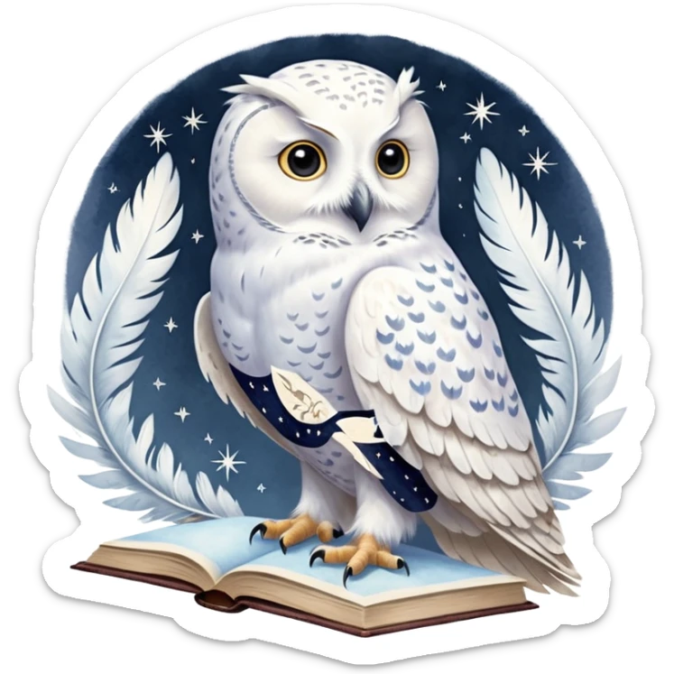 A hand-drawn fantasy illustration of Hedwig, Harry Potter’s snowy owl, with soft watercolor style, gentle pastel tones, magical sparkles in the air, cozy wizarding atmosphere, storybook illustration, high detail, whimsical and warm mood. ohne backgraund sticker