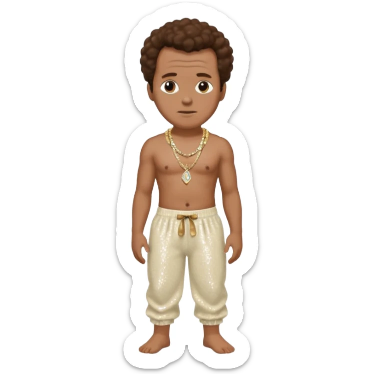 Sergei Eisenstein with brown hair, cream sequin baggy pants, shirtless with necklace sticker