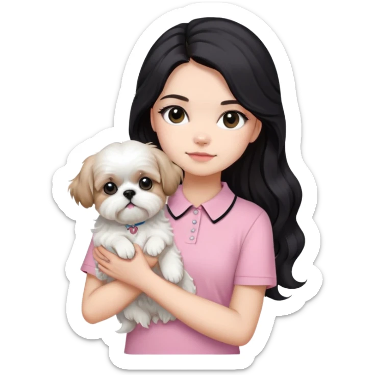 a girl with black eyes and long black wavy hair in a half-up half-down hairstyle, wearing a soft pink short-sleeved round collared tshirt while holding an all-white shih tzu dog sticker
