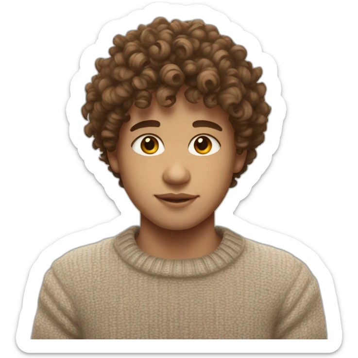 Boy with curls from Venezuela Fair skin ton, semi-light brown curly hair. Wearing a sweater with fringes of 3 aesthetically pleasing. colors. "White skin" sticker