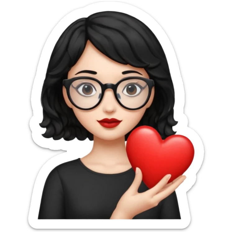 niña con pelo corto ondulado color negro con lentes negros y tenga un corazon en la mano sticker
