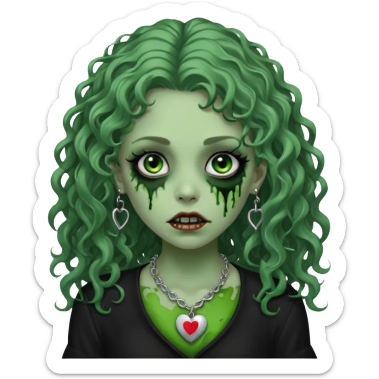 a green zombie girl with a scar on her face, long curly hair, wearing a black blouse and a silver necklace with a heart pendant downcast eyes and eyeliner sticker