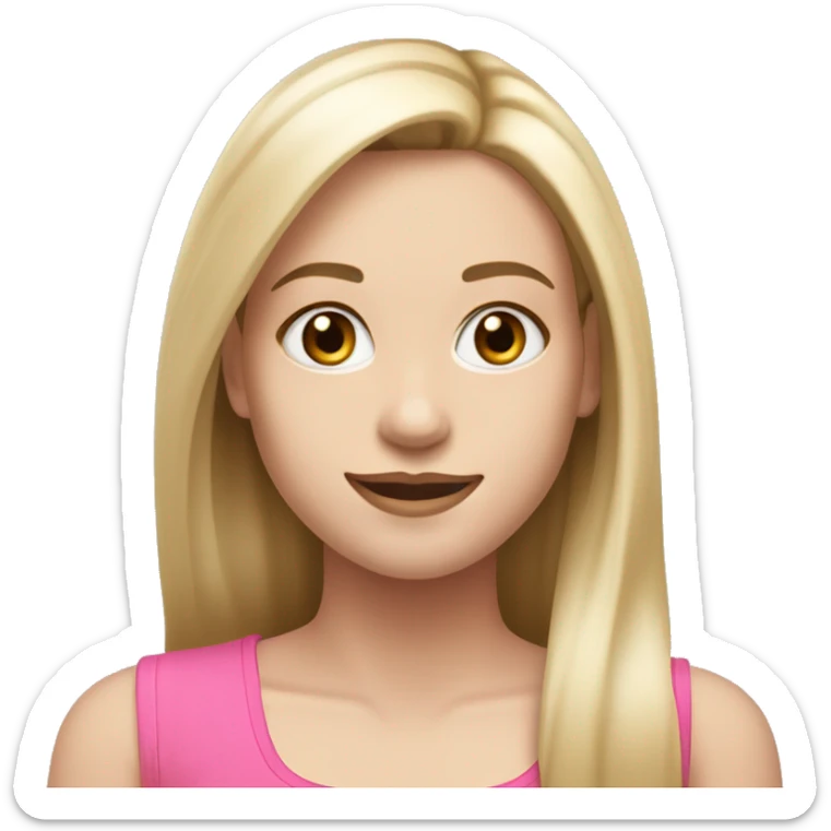 Girl with pink tank top and pale skin straight dirty blonde hair with light blonde highlights with makeup smiling and long hair sticker