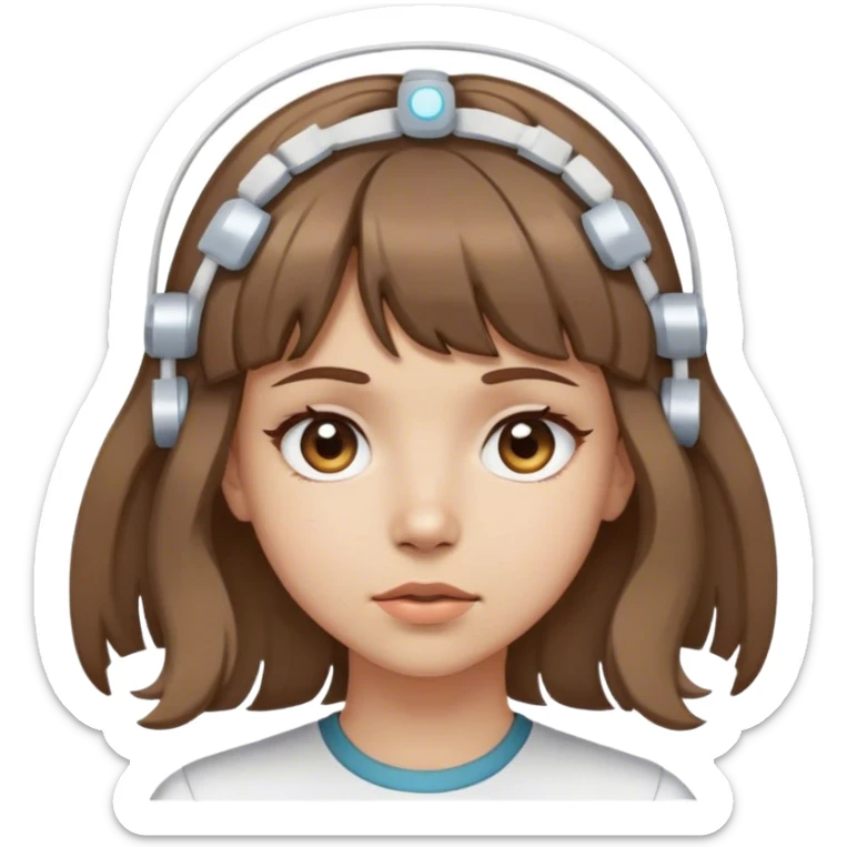 girl with light skin tone wavy brown hair and bangs wearing electrodes on her head crossed eyes sticker