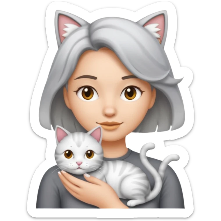 Haz una imagen estilo emoji de iPhone con una chica blanca de cabello ondulado claro tomando en brazos a su gato gris con blanco sticker