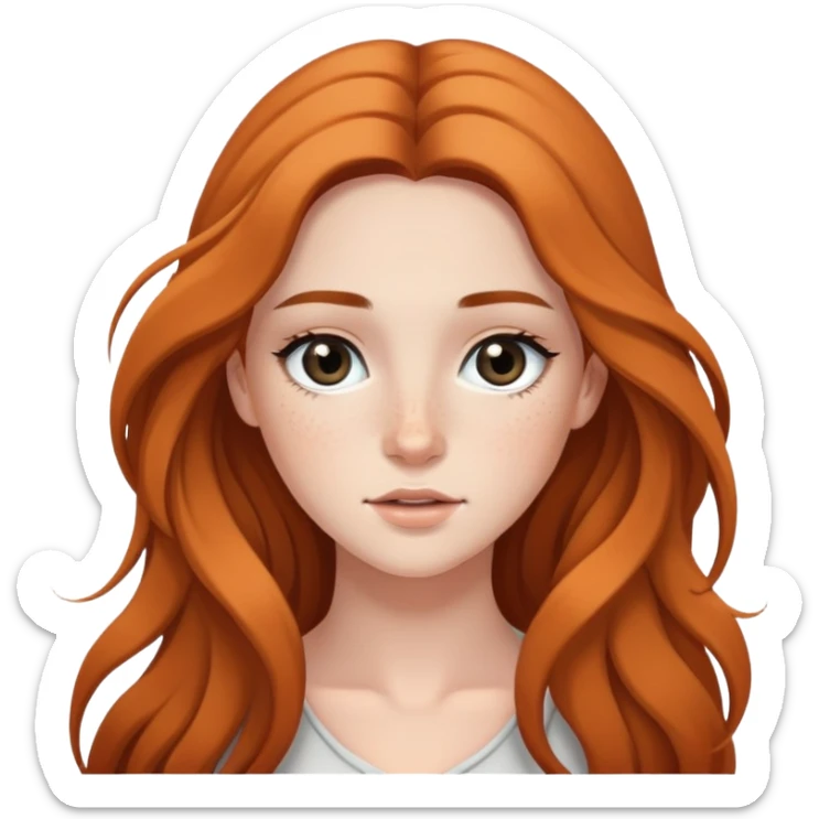 young woman with flowing long hair, dark black eyes, natural makeup, and cute freckles sticker